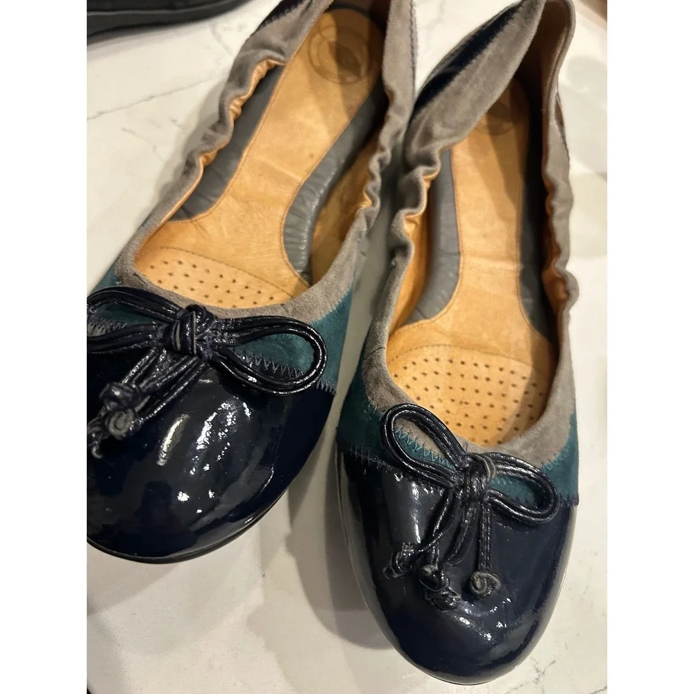 Nurture Ballet Flats Navy Teal Grey Patchwork Suede Patent Bow Comfort Shoes 10M